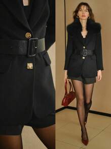 MOTF STUDIO 羊毛可拆卸毛绒领扣腰带西装外套，新年款 - 黑色 - 查看 2