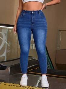 SHEIN ICON Jeans décontractés slim avec poches à boutons, grande taille - Jean bleu - Voir 5