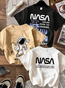 SHEIN 3 件套年轻男孩休闲简约太空印花圆领短袖 T 恤，适合夏季 - 彩色 - 查看 1