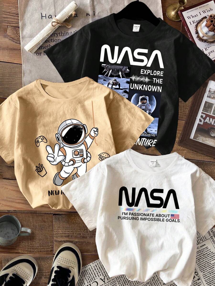 SHEIN 3 件套年轻男孩休闲简约太空印花圆领短袖 T 恤，适合夏季 - 彩色 - 查看 1