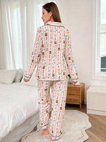 Contrast Trim Bear & Floral Print Collared Button Up Wrinkle Pajama Set Cozy And Elegant Details, Fall Winter Clothes - Multicolor - View 2