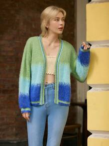 Skyraze Women Ombre Long Sleeve Cardigan, Simple Casual Tops For Daily Wear,Gradient Pattern - Multicolor - View 1