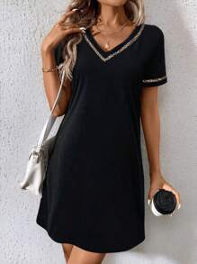 SHEIN LUNE V-Neck Leopard Print Splice Straight Mini Dress, Short Sleeve, Spring/Summer,Casual - Black - View 3