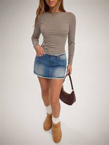 Forever 21 Women Casual Stripe Slim Long Sleeve T-Shirt, Autumn - Brown - View 5