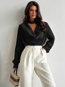 Firerie 女士时尚领口修身纯色缎面长袖衬衫，春夏优雅职业通勤装，情人节系列 - 黑色 - 查看 3