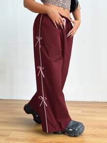 CovetEZ Plus Size Pink Bow Decor Drawstring Waist Cargo Pants For Summer - Burgundy - View 6