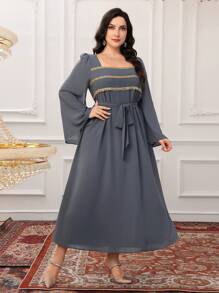 Al Najma 大码女式土耳其和阿拉伯传统长款束腰连衣裙 - 灰色 - 查看 3