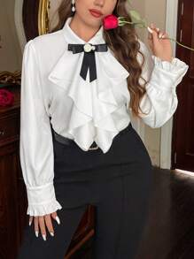 SHEIN Privé Plus Size Women's Elegant Commuter Long Sleeve Shirt With 3D Rose Flower, Bow & Ruffle Decor Spring Fall - White - View 5