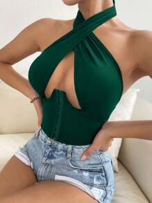 VaVaBold Fashionable Sexy Hollow-Out Backless Halter Top - Dark Green - View 4