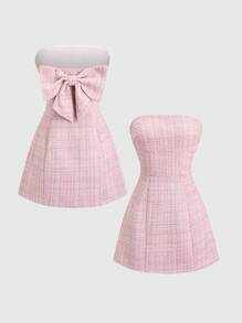 Sweetra Women's Fashion Elegant High-Quality Pink Tweed Bow Decor Tube Mini Dress, Versatile - Pink - View 7