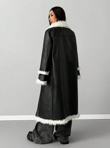 SHEIN EZwear 女士西部音乐会外出羊毛保暖毛绒领黑色皮革中长夹克外套 - 黑色 - 查看 2