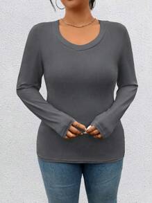 女士大码时尚休闲纯色长袖 T 恤套装