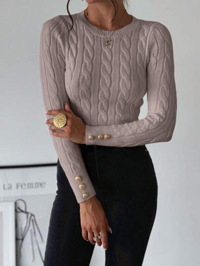 Firerie Kadınlar için Basit Şık Günlük Kolej Stili Çok Yönlü Yuvarlak Yaka Kablo Örgülü Dar Kazak, Sonbahar Ve Kış, Şık, Bordo, Uzun Kollu, Yuvarlak Yaka