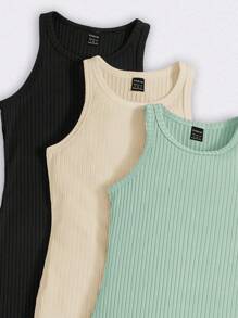 SHEIN LUNE 3pcs Women Solid Color Knit Sleeveless Bodycon Casual Dress Set - Green - View 5