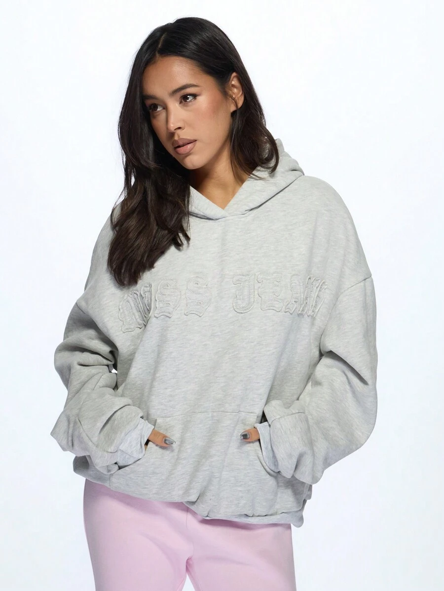 MISSGUIDED Oversized Heather Grey Sweatshirt Hoodie With Applique Logo Drawstring Hood And Kangaroo Pocket Cozy Casual Streetwear For Fall Winter Loungewear - Grey - View 1