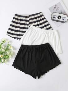 Lowkey Lull 3pcs Women Casual Striped Pattern Loungewear Sleep Shorts Set - Multicolor - View 2