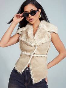 Denimoi Áo khoác giữ nhiệt viền bất đối xứng bằng lông giả - Màu Khaki - Xem 1