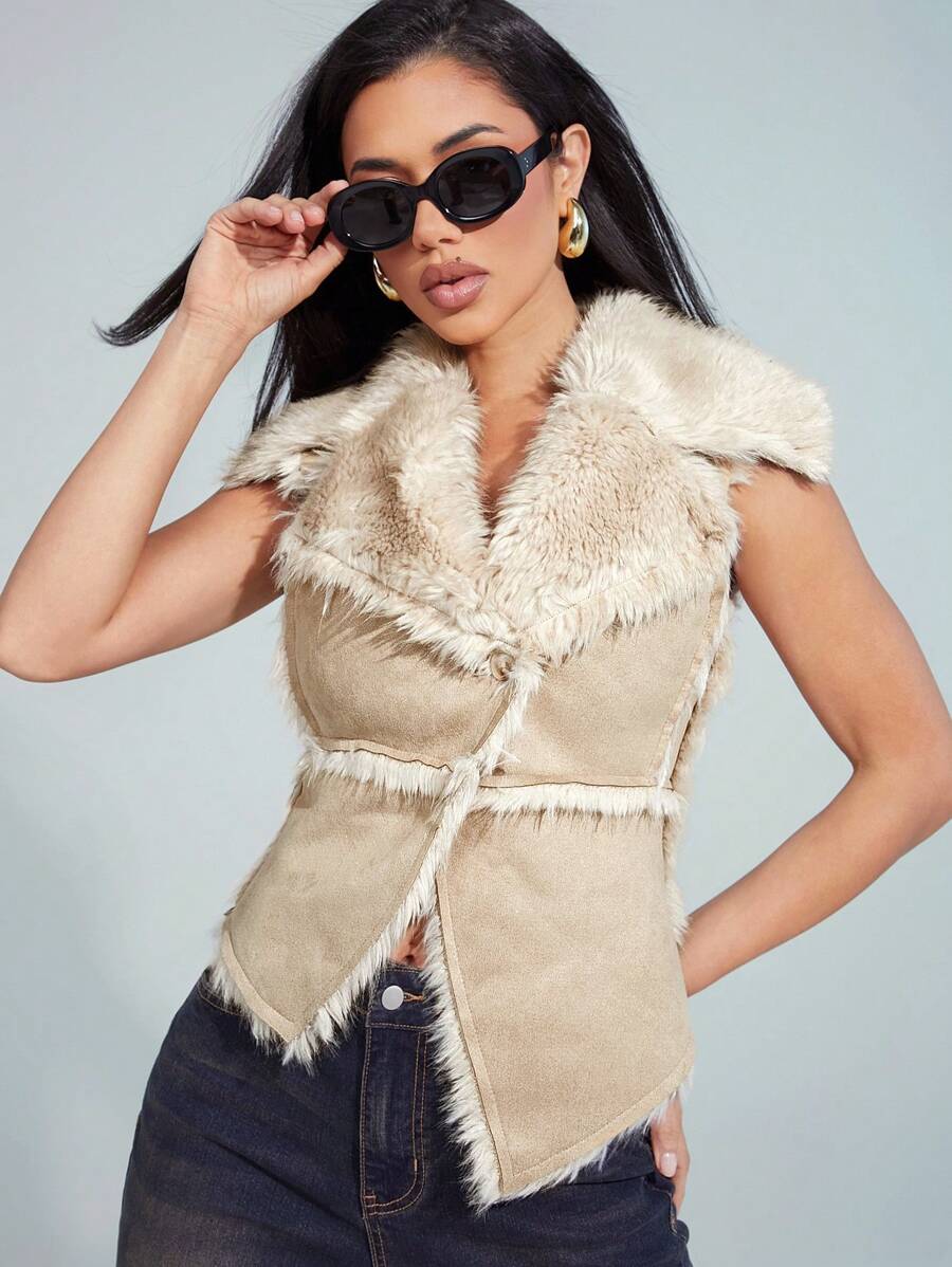 Denimoi Áo khoác giữ nhiệt viền bất đối xứng bằng lông giả - Màu Khaki - Xem 1