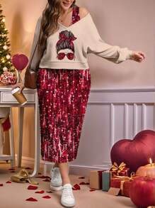 SHEIN LUNE 2 件套加大码肖像艺术印花连衣裙和连帽衫套装，适合春秋季节、情人节