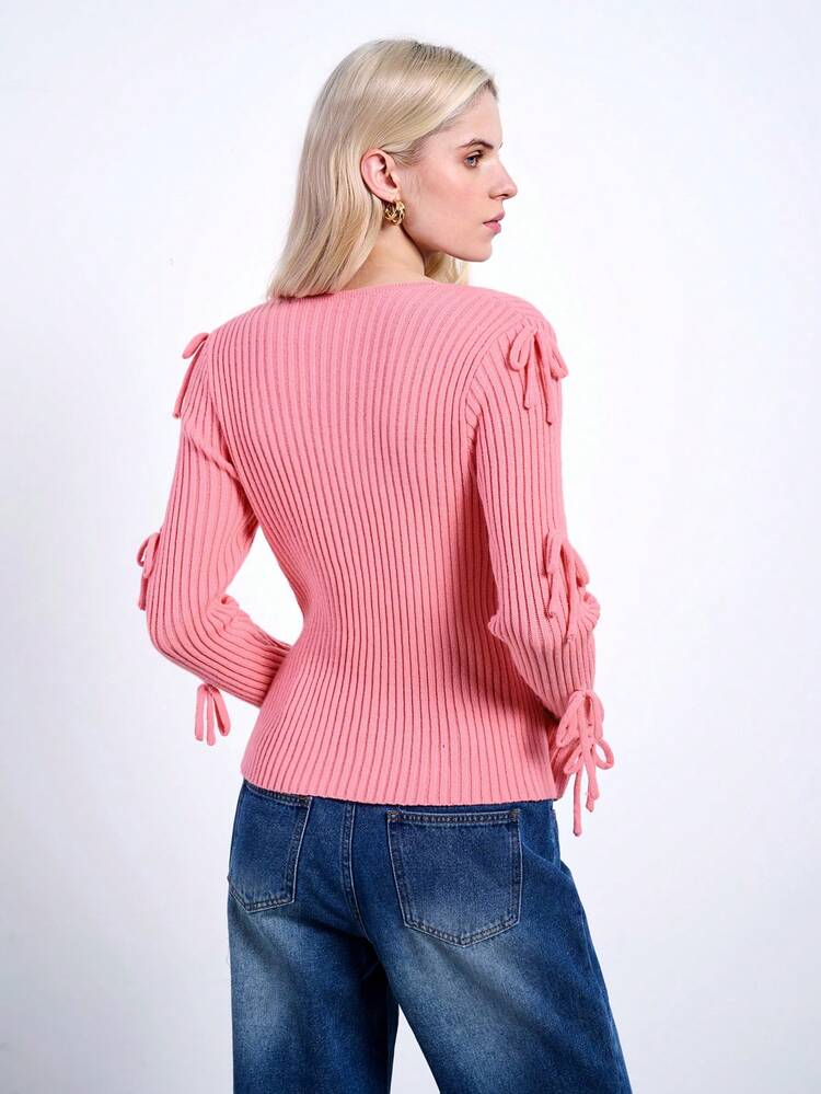 SHEIN Maija Women's Pink V-Neck Bowknot Decorative Slim Fit Fashionable Versatile Daily Casual Party Sweater Top, Early Spring Festival