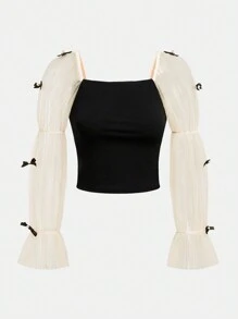 Tween Girl Stylish Colorblocking Mesh Patchwork Square Collar Long Sleeve Top - Black - View 2