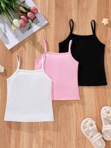SHEIN 3pcs/Set Young Girl All-Match Versatile Fashion Spaghetti Strap Camisole, White, Pink, Black, Comfortable Casual Undershirt