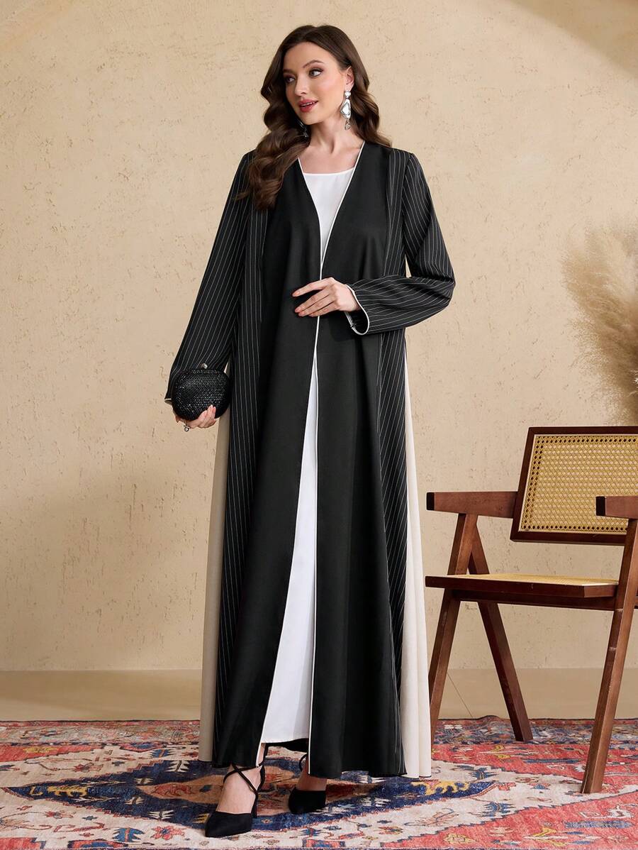 Al Najma 女士传统条纹宽松长袍，棕色 - 黑色 - 查看 1