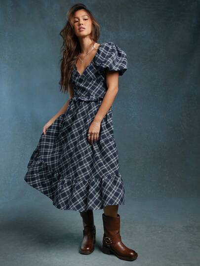 WESTFADE Nashville Plaid Short Puff Sleeve Midi Dress Western Wear Women