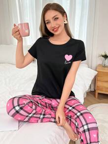 Heart Plaid Print Short Sleeve Pajama Set With Long Pants  Cozy And Elegant Details - Multicolor - View 5