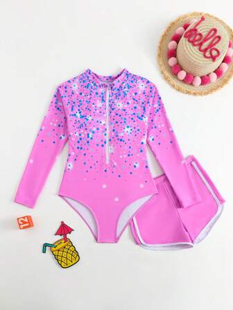 Traje de baño de una pieza para niñas con shorts, nueva llegada de primavera/verano. Diseño de color block, color rosa con patrón de lunares azules con brillo. Diseño dulce, de moda y minimalista.