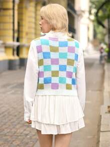 SHEIN Unity Women Colorful Plaid Mosaic Sweater Vest, Spring,Geometric Pattern - Multicolor - View 2