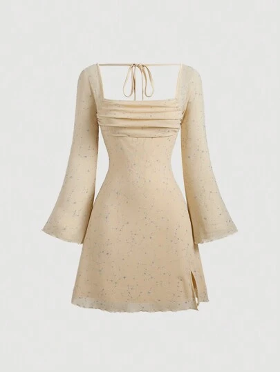 SHEIN MOD 女士系带长袖简约休闲迷你连衣裙