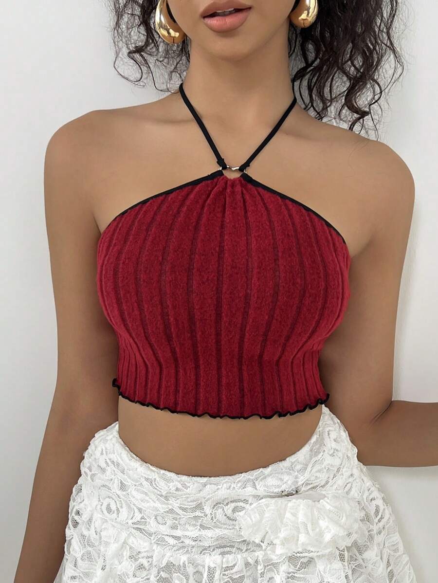 Eraneu Top de tirantes de mujer sin costuras acanalado, capa base - Rojo - Ver 1