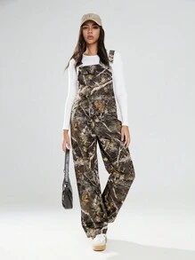 TRNVIE 1 bộ đồ liền thân in hình cành cây màu xanh ô liu dành cho nữ có túi và dây đeo yếm, bộ đồ liền thân mùa đông thông thường - xanh quân đội - Xem 1