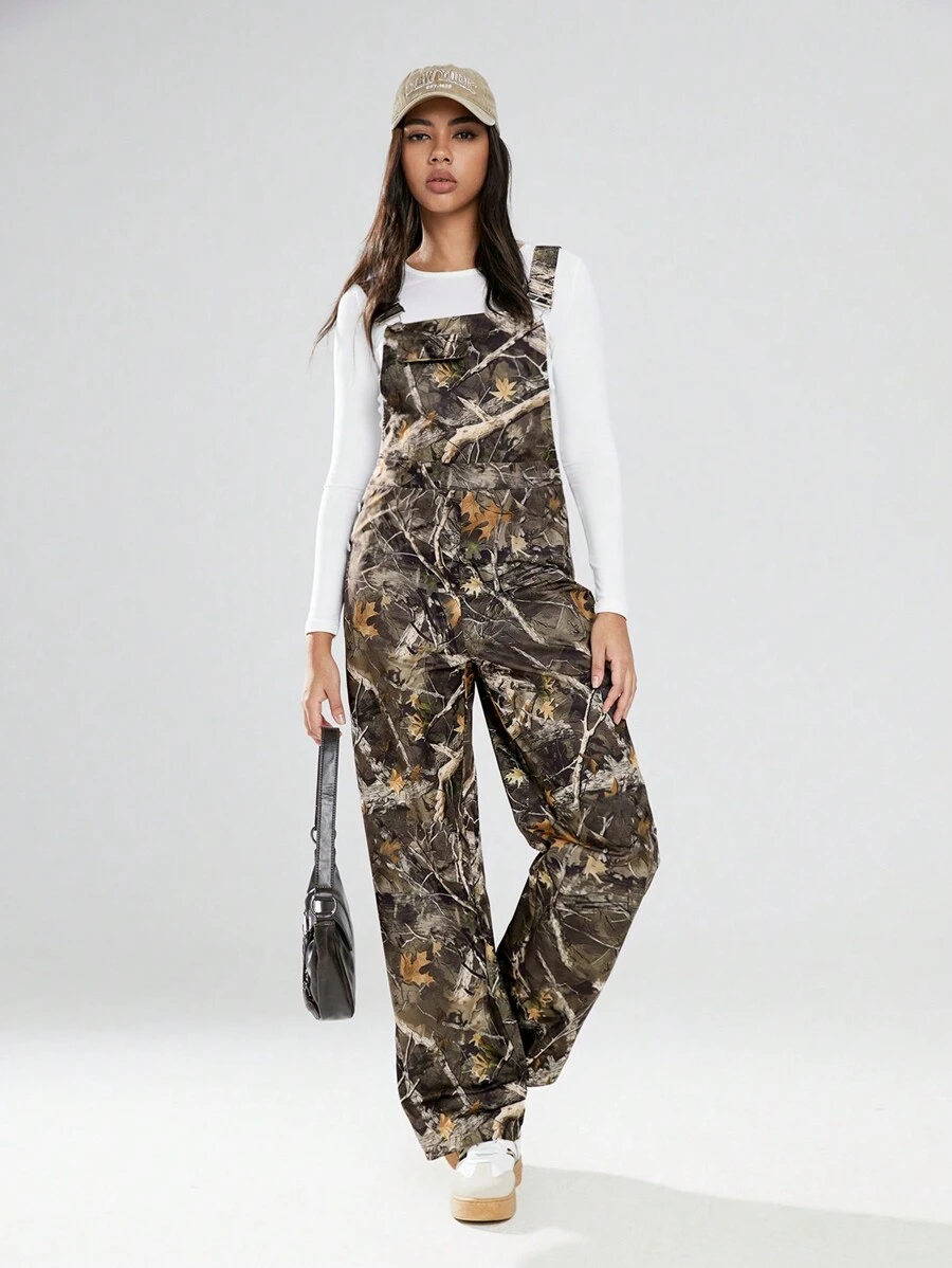 TRNVIE 1 bộ đồ liền thân in hình cành cây màu xanh ô liu dành cho nữ có túi và dây đeo yếm, bộ đồ liền thân mùa đông thông thường - xanh quân đội - Xem 1