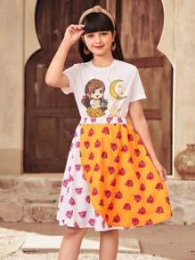 SHEIN 2 件套 青少年女孩休闲简约舒适卡通女孩花卉图案圆领 T 恤和裙子套装 - 黃色 - 查看 4