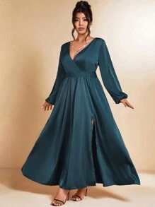Allurite Robe maxi évasée fendue haute à col V élégante pour soirée pour femme en grande taille, tenue de mariage