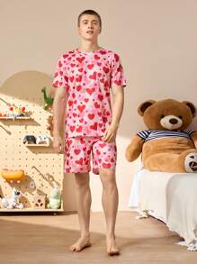 Men's Round Neck Short Sleeve Allover Print Casual Top And Shorts Pajama Set - Multicolor - View 5