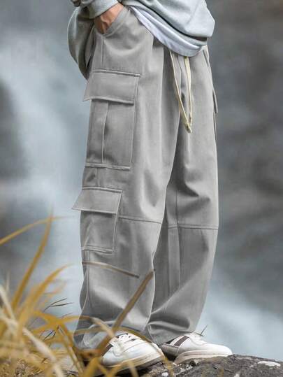 Manfinity Roghcode Herren Lässig einfarbige Cargohose mit Kordelzug in Grau, Herbst