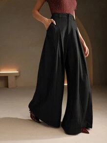 Anewsta Essential 女式纯色阔腿喇叭西装裤 - 黑色 - 查看 2