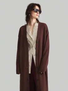 Ontre 女士 2025 年春季新品长款纽扣红棕色开衫、长款灰色针织夹克、极简主义长袖毛衣，适合都市装扮