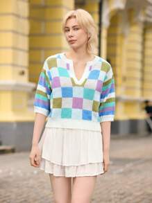 SHEIN Unity Women's Colorful Mosaic Patchwork Striped Puff Sleeve Sweater, Spring Knit Top,Geometric Pattern - Multicolor - View 3