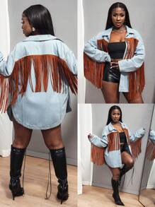 SHEIN Slayr Women's Fashionable Color Block Fringe Decorated Denim Jacket For Autumn - Blue - View 1