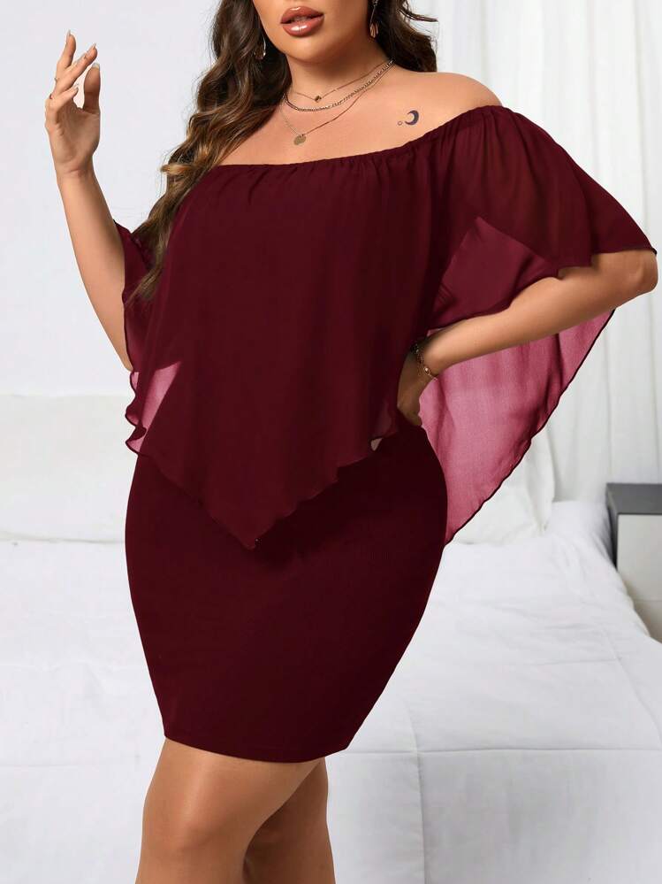 Reflora Vestido ajustado de hombros descubiertos de unicolor elegante talla grande - Burdeos - Añade 7