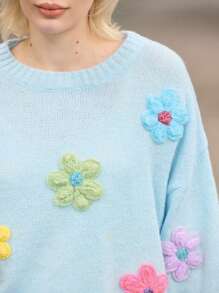 Skyraze Women 3D Floral Decor Round Neck Long Sleeve Casual Sweater,3D Floral Design