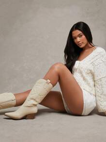 SHUZIA Giày bốt cao bồi miền Tây, Màu ngà, Thoải mái, Khóa kéo bên trong, Thêu, Mũi nhọn - trắng - Xem 4