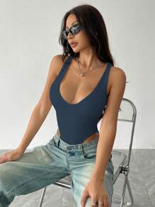 Flirla Women's Solid Color Wide Strap Minimalist Fitted Bodysuit, Casual Daily Wear