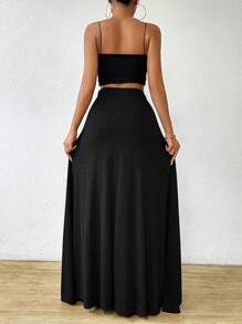 Rafferiza 女士纯色前系带简约休闲及膝半身裙 - 黑色 - 查看 2