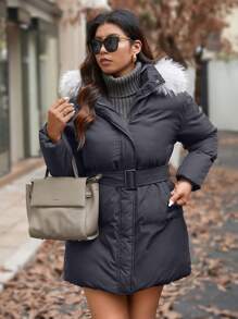 Calvaya Plus Size Front Zipper Long Sleeve Furry Patchwork Casual Hooded Coat, Winter Coat