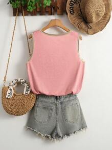 INAWLY Plus Size Women's V-Neck Casual Solid Color Loose Tank Top With Splice For Spring And Summer - Pink - View 2